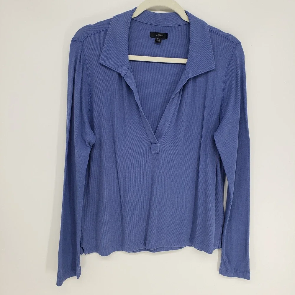 J Crew Ribbed V-Neck Pullover Top Women XL Blue Long Sleeve Cotton Polo Collar